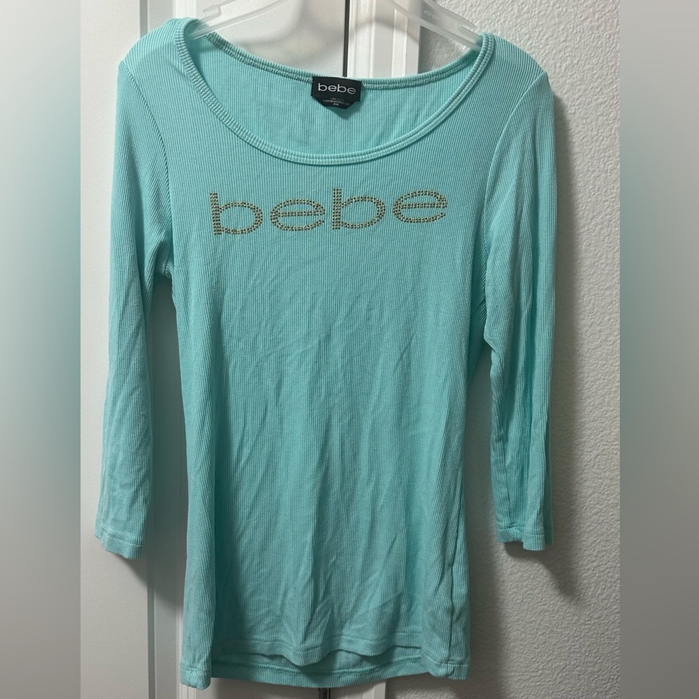 bebe Aqua Ribbed Long Sleeve Tee with Rhinestone Logo